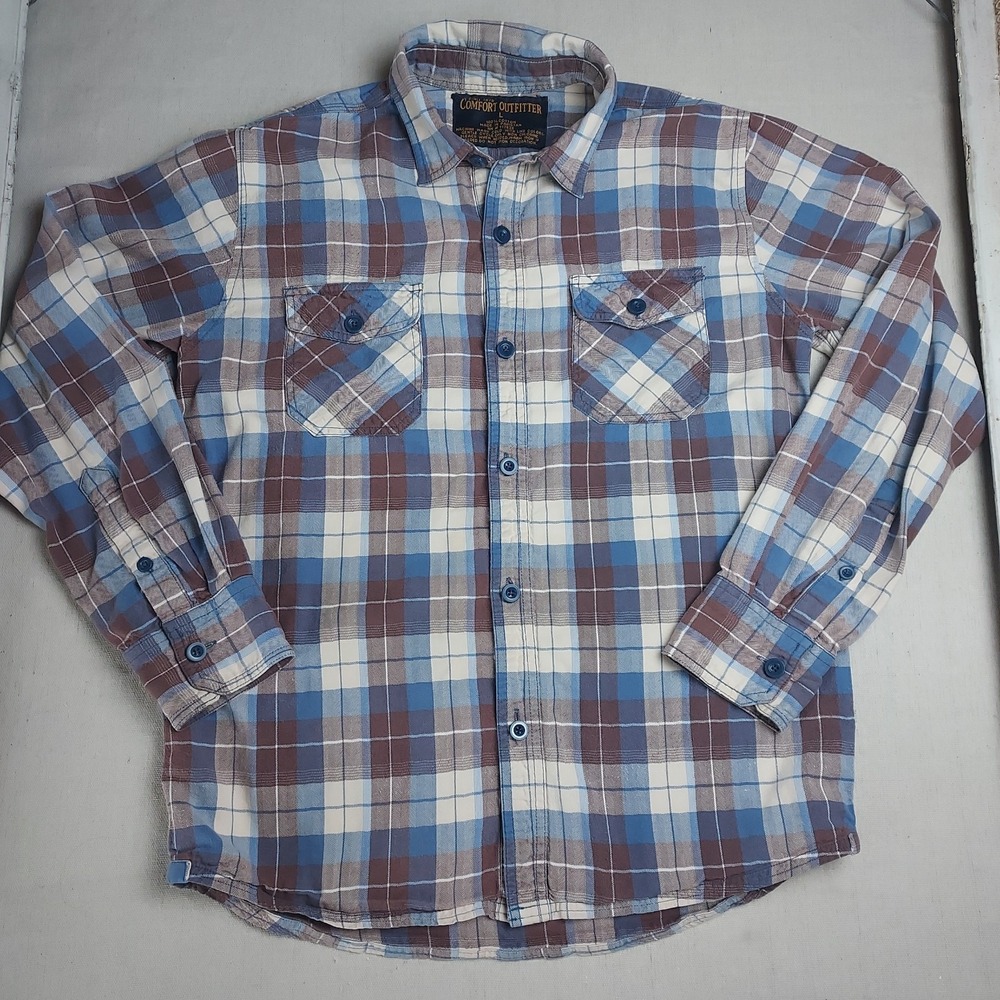 Comfort Outfitter Plaid Flannel Shirt Men Large Blue Brown Cotton Grunge